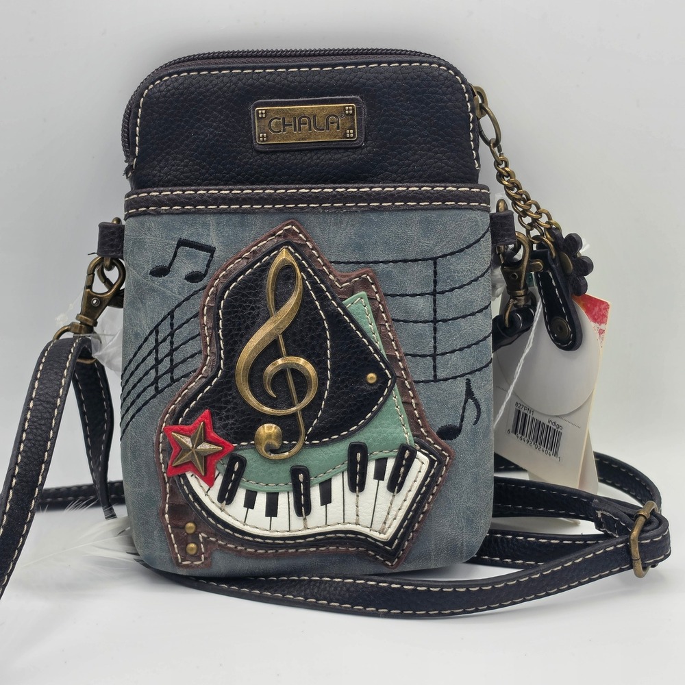 Chala Cell Phone Crossbody Bag Indigo Blue Piano Musical Theme Vegan Leather NEW